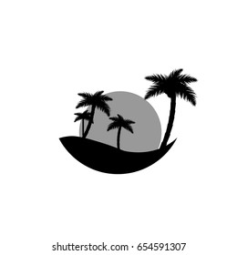 Island icon, palm trees with sun, flat design template, vector illustration
