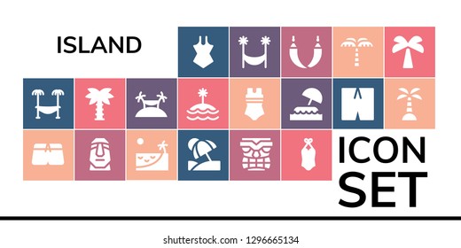  island icon set. 19 filled island icons. Simple modern icons about  - Swimsuit, Hammock, Moai, Beach, Vacation, Tiki, Palm tree, Island
