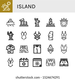 island icon set. Collection of Sunbathing, Yatch, Ruins, Statue of liberty, Great buddha of thailand, Swimsuit, Moai, Hawaiian, Summer icons