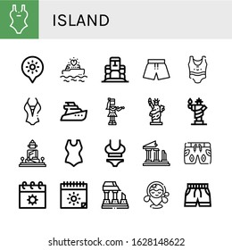 island icon set. Collection of Swimsuit, Holidays, Yatch, Moai, Hula, Statue of liberty, Great buddha of thailand, Ruins, Summer, Ruined, Beach icons