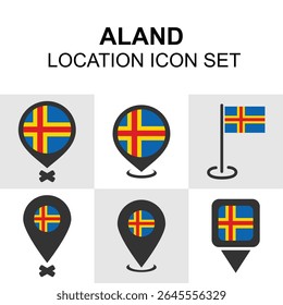Ícone da ilha Åland com pinos de localização e design de bandeira. Ideal para mapeamento, aplicativos de viagem e visuais geográficos.