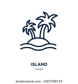 Insel Ikone aus der Sommerkollektion. Dünne lineare Insel, Palme, Skizze im Meer einzeln auf weißem Hintergrund. Line Vektorinsulinzeichen, Symbol für Web und Mobilfunk