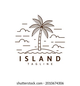 Island illustration monoline or line art style, beach, sea, coconut trees, sky clouds vector design illustration