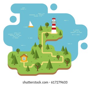 Island isolated vector flat illustration with lighthouse on the hill. Different boats, house, barn isolated. Flat vector stock illustration with isolated element.