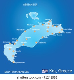 Island of Kos in Greece map on blue background