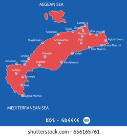 island of kos in greece red map illustration in colorful