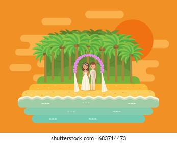 Island landscape background on sunset with bride and groom. Cartoon characters newlyweds on beach in flat design. Wedding ceremony by the ocean with sand coast and palms. Vector illustration.