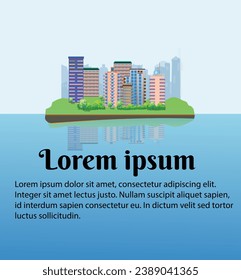 Island landscape with a city view. Buildings, bushes and trees are seen and also the beautiful sea. Vector illustration for logo and icon design elements.