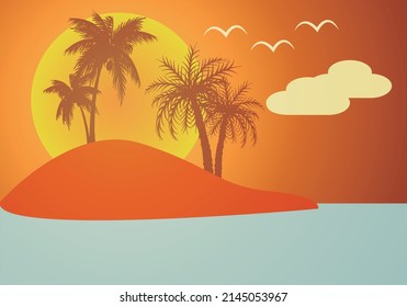 Island landscape with palm trees at sunset.