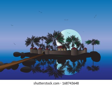 Island. Landscape, island with palm trees and towers