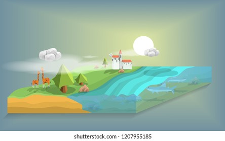 Island landscape polygon background,House in green forest And there are many sharks and fishes in the midst of the sea, in the midst of the clouds and the morning sun.low poly effect,vector,geometric.