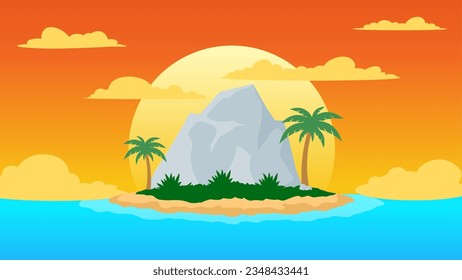 Island landscape vector illustration. Horizon landscape with island and coconut tree. Isolated island landscape for background, wallpaper, display or landing page. Sunset beach panorama illustration