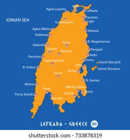 Island of  lefkada in Greece orange map art and blue background