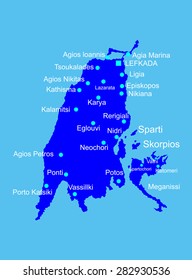 Island of Lefkada in Greece vector map silhouette high detailed illustration isolated on blue background. Ionian Island. Greek paradise island.