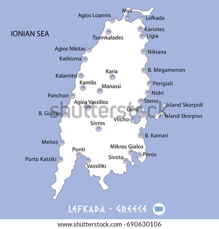 island of lefkada in greece white map and blue background illustration in colorful
