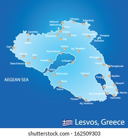 Isla de Lesbos en Grecia mapa con fondo azul