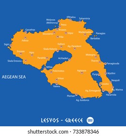 Island of  lesvos in Greece orange map art and blue background