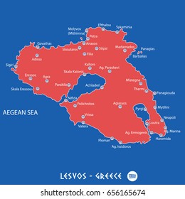 island of lesvos in greece red map illustration in colorful