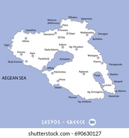 island of lesvos in greece white map and blue background illustration in colorful