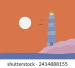 Island lighthouse orange sky sunset and gulls flying vector illustration