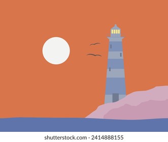 Island lighthouse orange sky sunset and gulls flying vector illustration