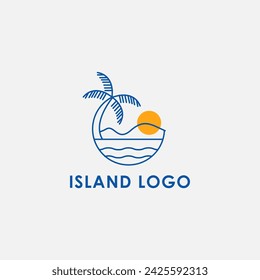 Island Line Art Vector logo. Palm Vector diseño para el logotipo de estilo de viaje.