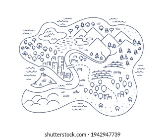 Island locality area map sketch. Isle city and village. Map for board game. Hand drawn vector line. Open paths editable outline.