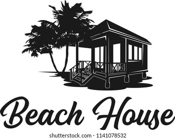 Island logo beach house. Building logo. Template vector beach hotel icon,  illustration with palms and sand. Traveling, bungalow logotype isolated on white background.