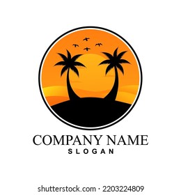 Island Logo Design with Coconut Trees and Sunset
