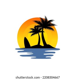 Island Logo Design with Coconut Trees and Sunset