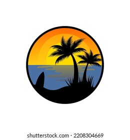 Island Logo Design with Coconut Trees and Sunset
