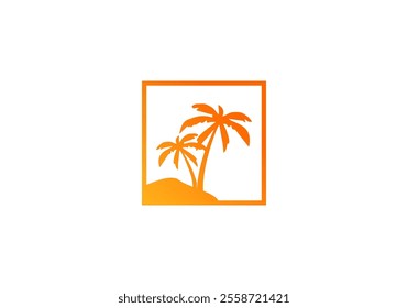 island logo design with palm trees and sunset.