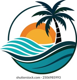Logo de una isla con un atardecer en el fondo, olas, una palmera y arena.