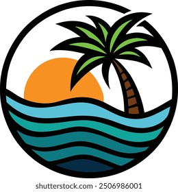 An island logo with a sunset in the background, waves, a palm tree, and sand.
