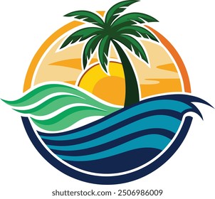An island logo with a sunset in the background, waves, a palm tree, and sand.
