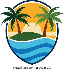 An island logo with a sunset in the background, waves, a palm tree, and sand.