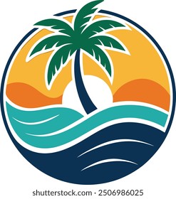 An island logo with a sunset in the background, waves, a palm tree, and sand.