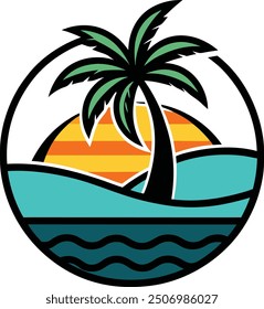 An island logo with a sunset in the background, waves, a palm tree, and sand.