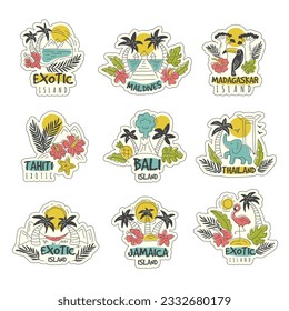 Island logo. Tropical exotic islands relaxed places in jungle with beaches recent vector emblems or badges set