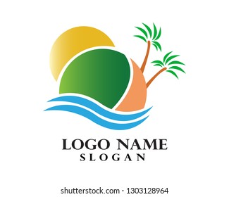 Island logos and beach waves vector background clouds