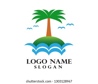 Island logos and beach waves vector background clouds

