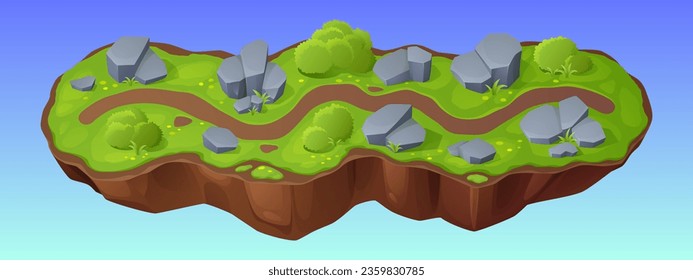 Island map for game level interface. Vector cartoon illustration of piece of land with road between stones, green grass and bushes, fantasy background for treasure search adventure, mobile app ui