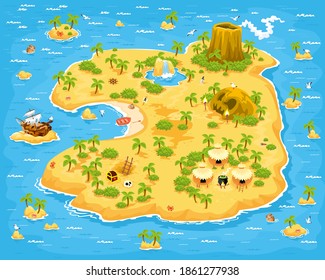 Island map with sea. Background for games, design. Ocean, palm trees, treasures, chests, huts, mountain, waterfall, cave sea, and ship. Vector illustration. 