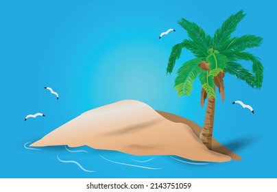 An island in the middle of the sea with coconut palms and seagulls. You can put any object or text you want.