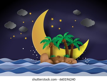 
 The island in the midnight with half moon,paper art and digital crafts style.