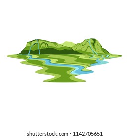 Island Mountain Forest Waterfall and River Landscape Vector