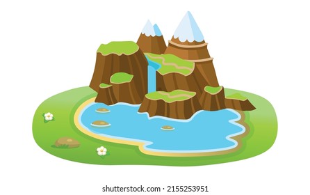 Island with mountain and lake and waterfall. Vector cartoon illustration. Element for design