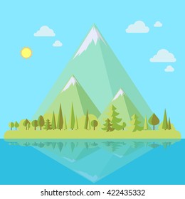 Island with mountains landscape and pine trees in flat style, eco scene, vector illustration