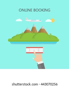 the island with the mountains and the plains, the aircraft over the island, the hand holding the ticket, online booking concept, vector illustrations in a flat style