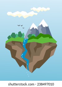 Island with mountains and river floating in the air